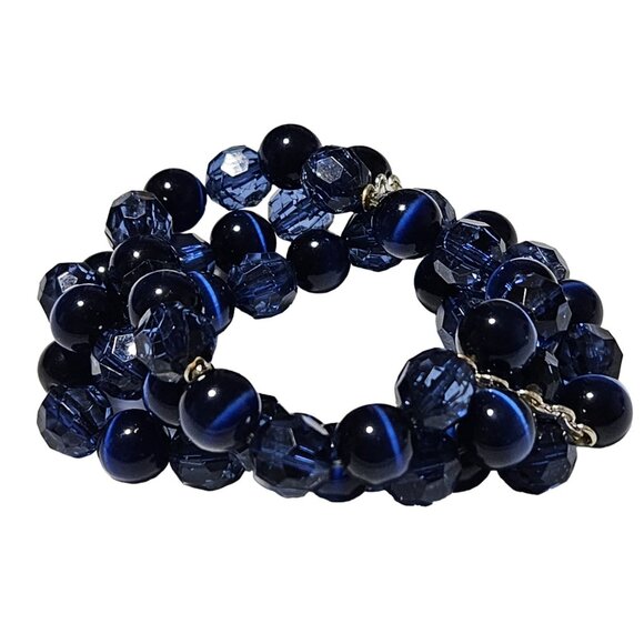 Vintage Blue Faceted Beaded Bracelet Stretch Fit Smooth Marble Beads Jewelry - Picture 2 of 5